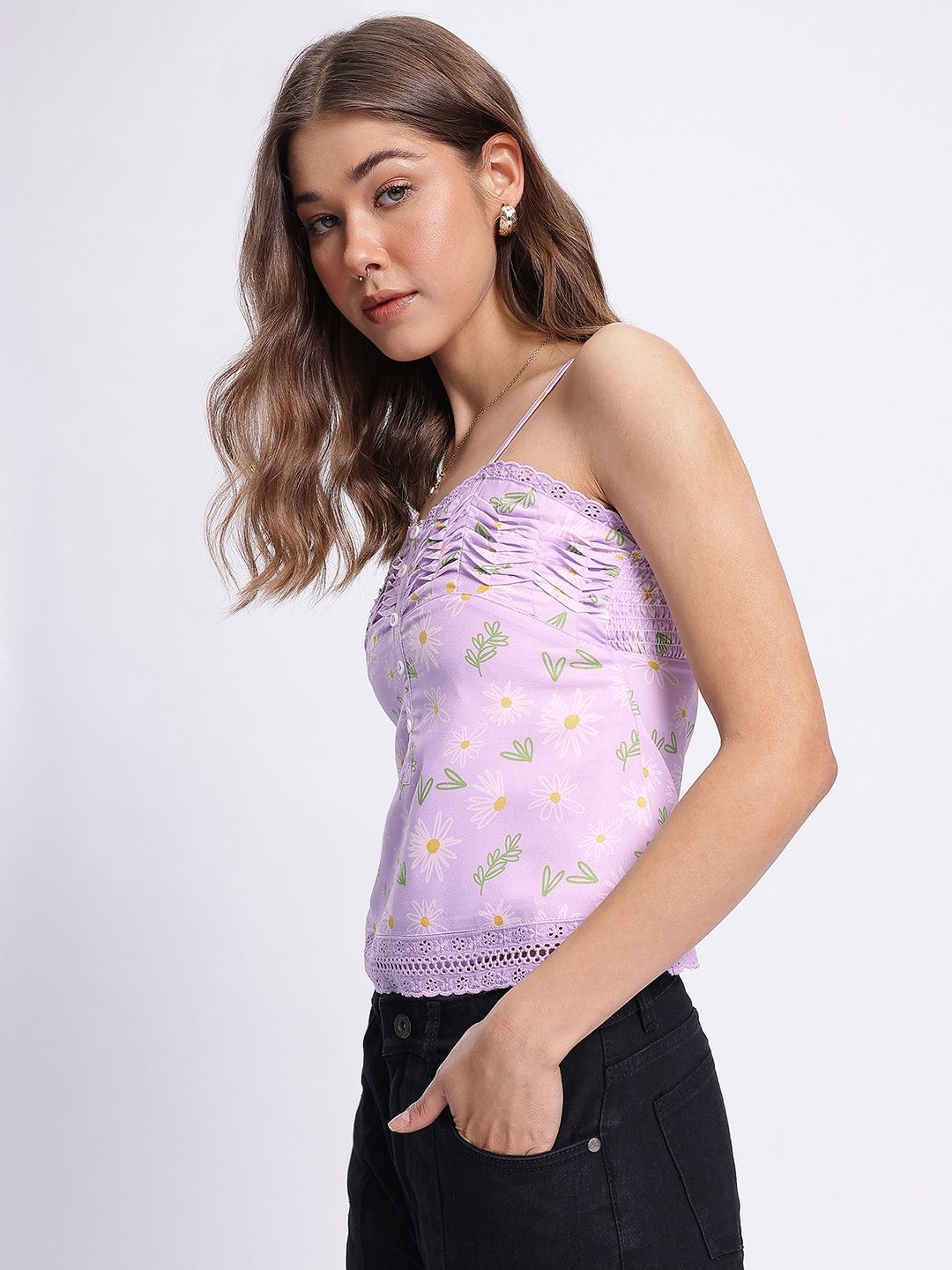 DressBerry Lavender Love Daisy Dreams Lace Inserts Pleated Printed Top
