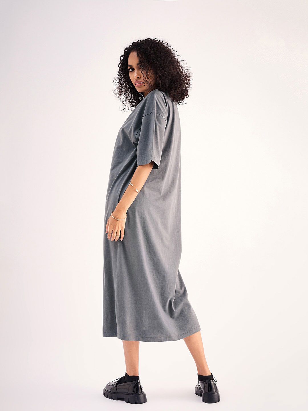 SASSAFRAS BASICS Grey Drop Shoulder Sleeves Pure Cotton Oversized T-shirt Midi Dress
