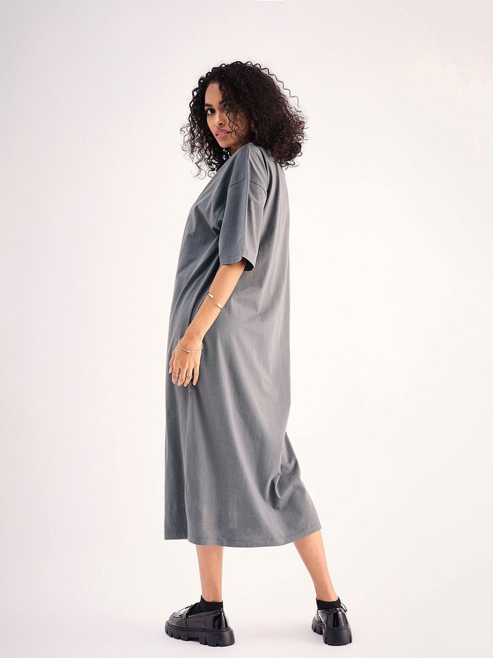 SASSAFRAS BASICS Grey Drop Shoulder Sleeves Pure Cotton Oversized T-shirt Midi Dress