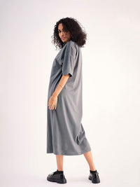 SASSAFRAS BASICS Grey Drop Shoulder Sleeves Pure Cotton Oversized T-shirt Midi Dress