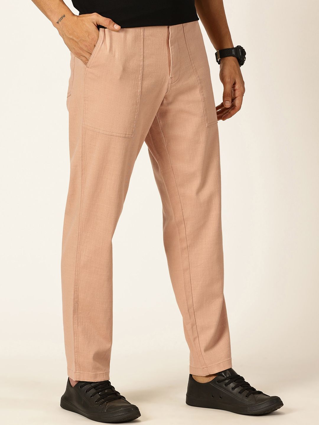 Thomas Scott Men Smart Regular Fit Mid-Rise Easy Wash Linen Chinos Trousers