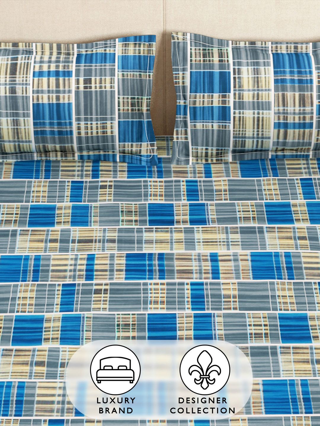 Story@home Arena Grey & Blue Printed 180 TC Fitted King Bedsheet & 2 Pillow Covers