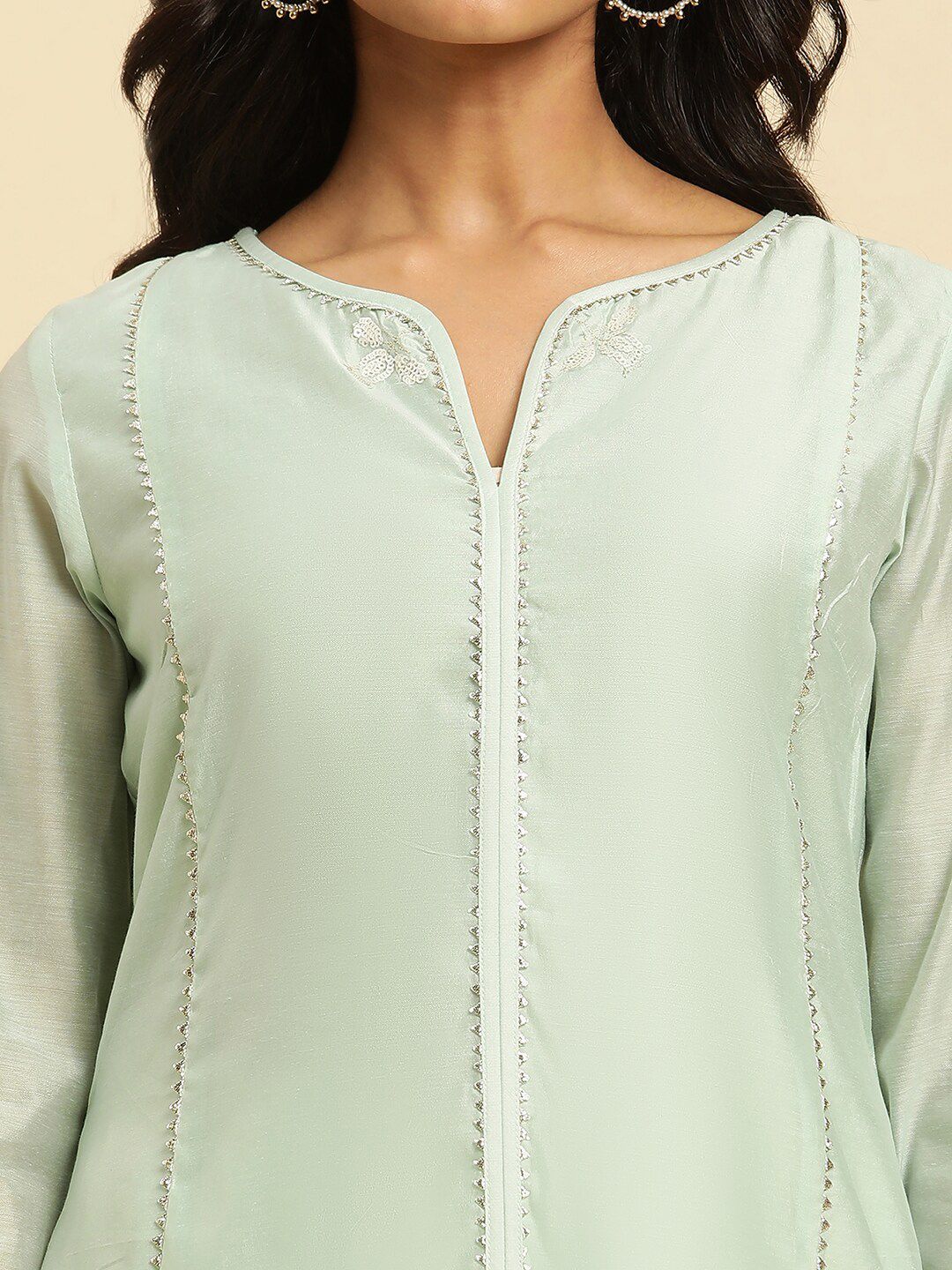 W Green Round Neck Gotta Patti A-Line Kurta