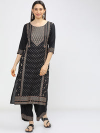 Vishudh Women Black & Gold-Coloured Ethnic Motifs Printed Kurta with Trousers