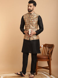 SOJANYA Kurta Lelaki Hitam & Beige dengan Jaket Nehru Churidar & Bercetak