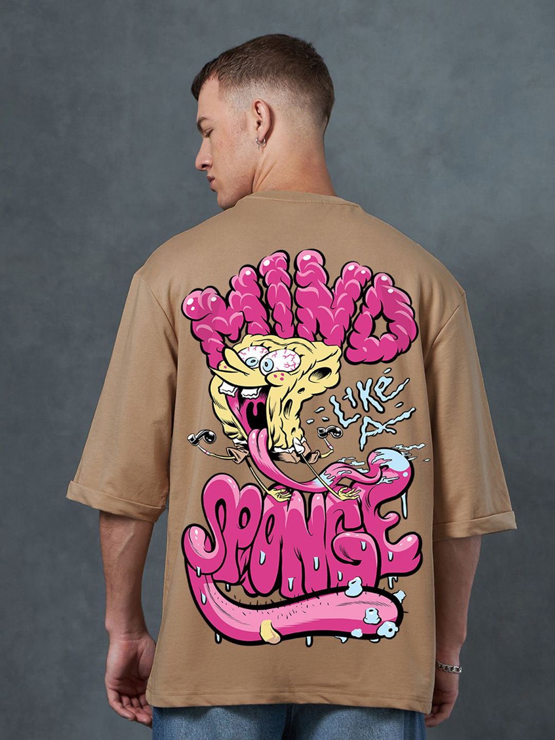 Bewakoof Men Graphic Spongebob Printed Round Neck Pure Cotton Oversized T-shirt