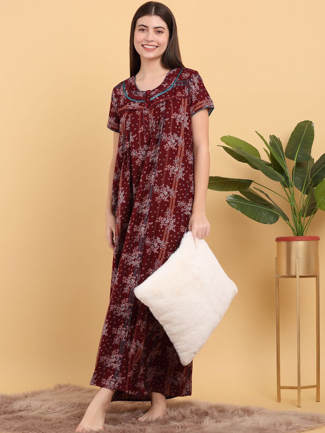 Sweet Dreams Round Neck Printed Pure Cotton Maxi Nightdress