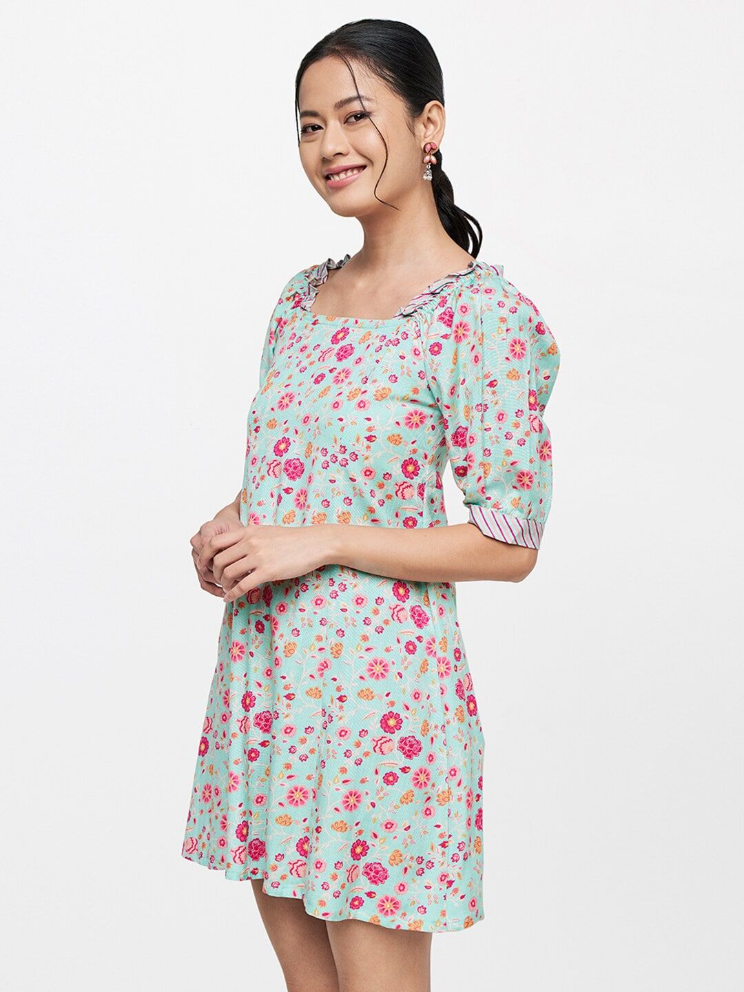 Global Desi Blue & Pink Floral A-Line Mini Dress