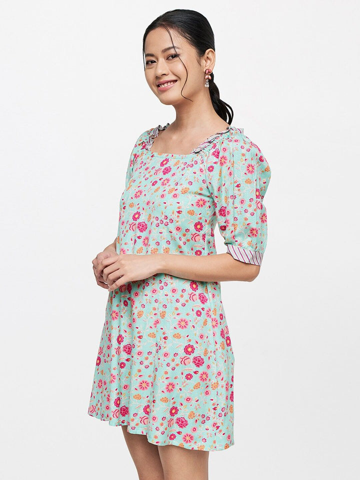 Global Desi Blue & Pink Floral A-Line Mini Dress