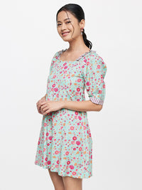 Global Desi Blue & Pink Floral A-Line Mini Dress