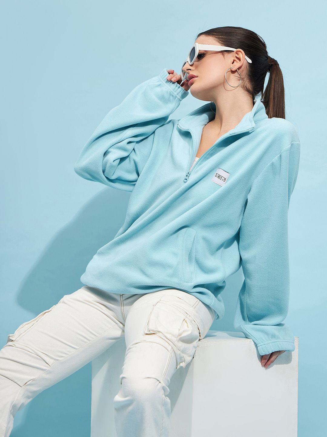 STREET 9 Blue Mock Collar Oversized Sweatshirt