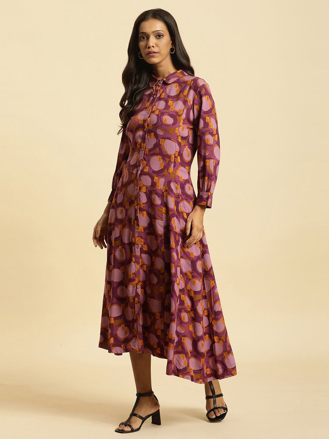 W Floral Printed Shirt Collar Cuffed Sleeves Shirt Style Dress