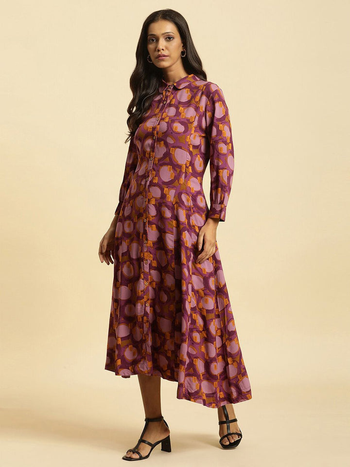 W Floral Printed Shirt Collar Cuffed Sleeves Shirt Style Dress
