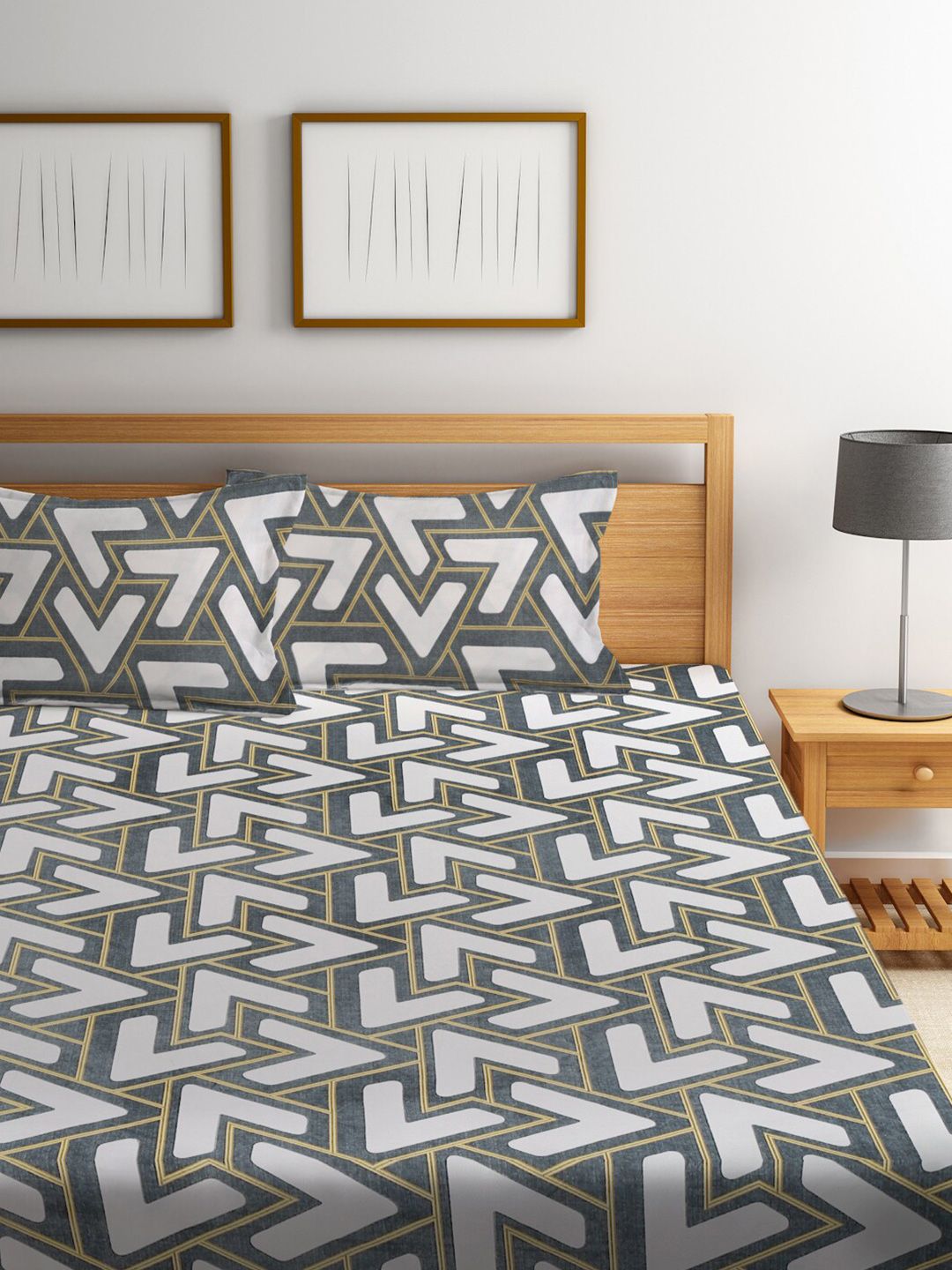 KLOTTHE White Geometric Polycotton 300 TC Dilengkapi Cadar King Halus dengan 2 Sarung Bantal-250 x 225 cm