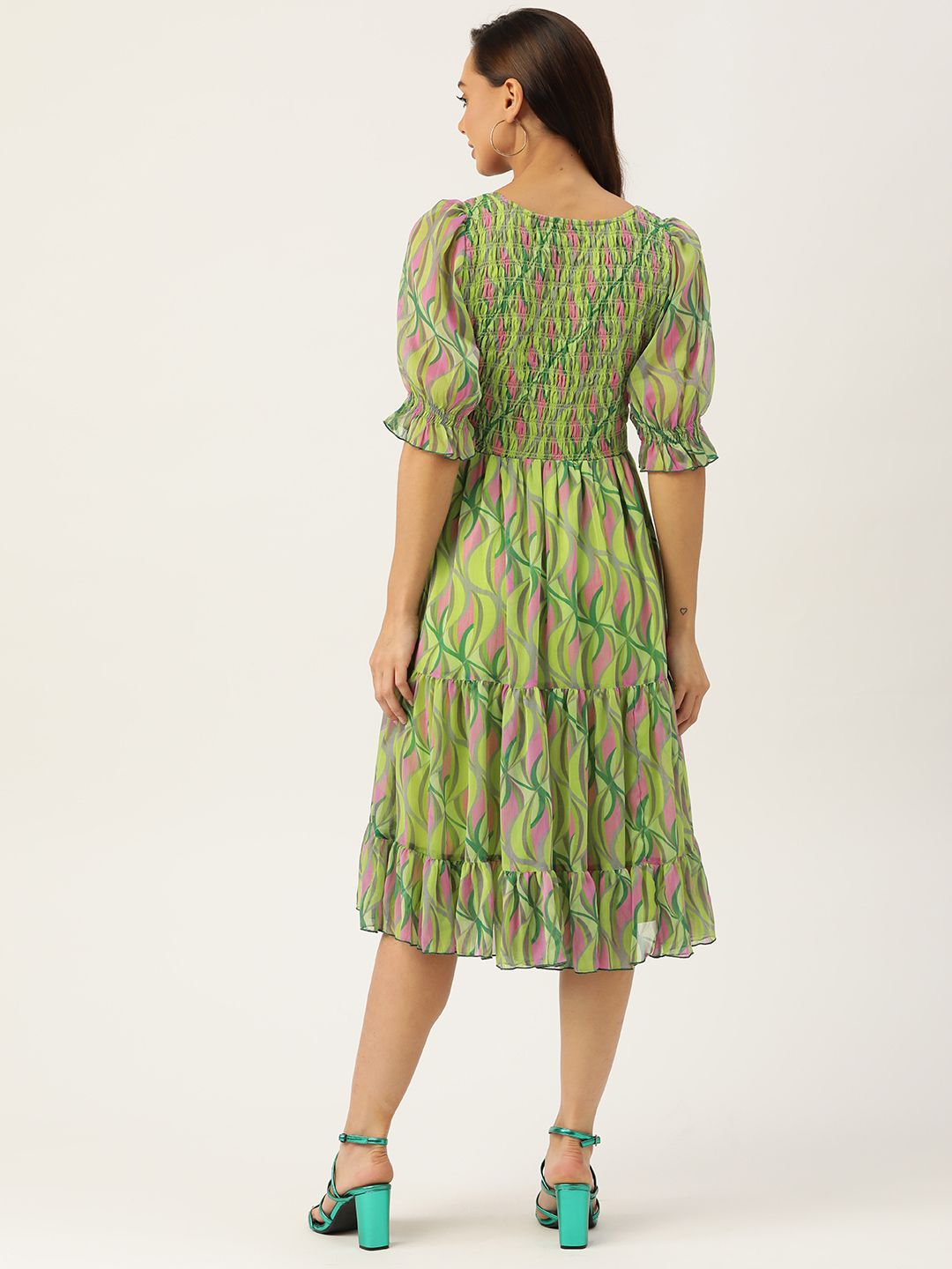 Antheaa Green & Pink Chiffon Geometric Print Tiered Dress