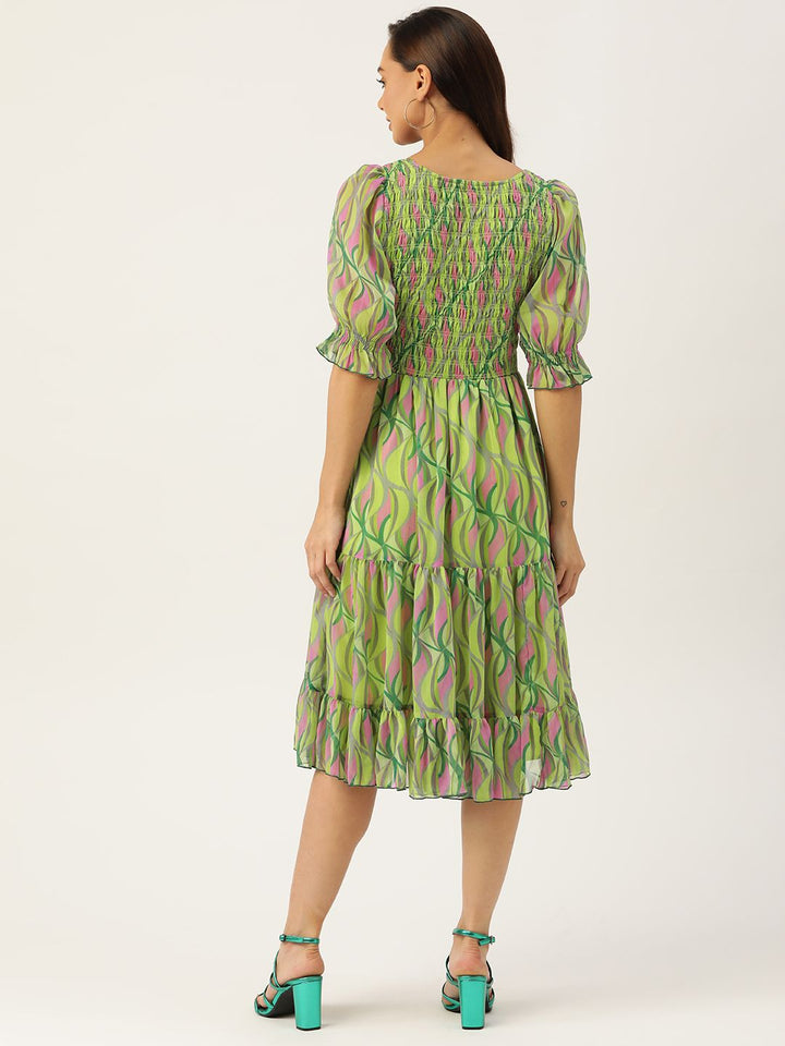 Antheaa Green & Pink Chiffon Geometric Print Tiered Dress