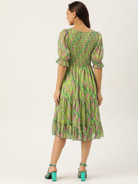 Antheaa Green & Pink Chiffon Geometric Print Tiered Dress
