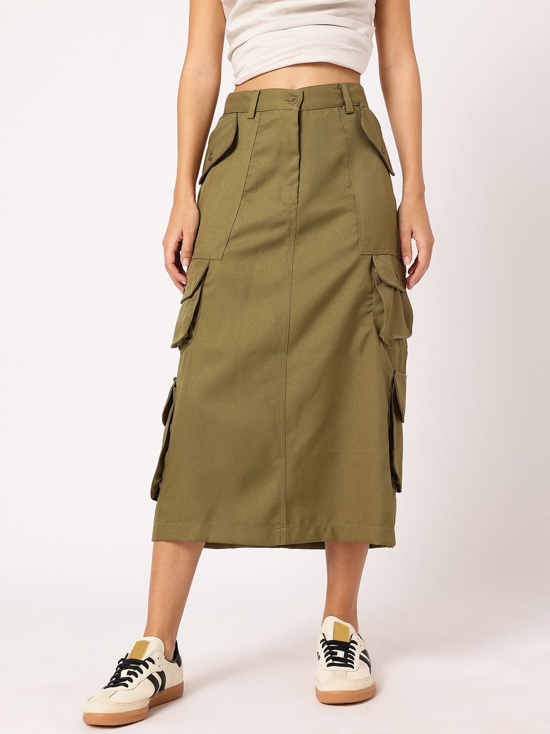 DressBerry Utility Chic Multi Pockets Cargo Styles Midi A-Line Skirt