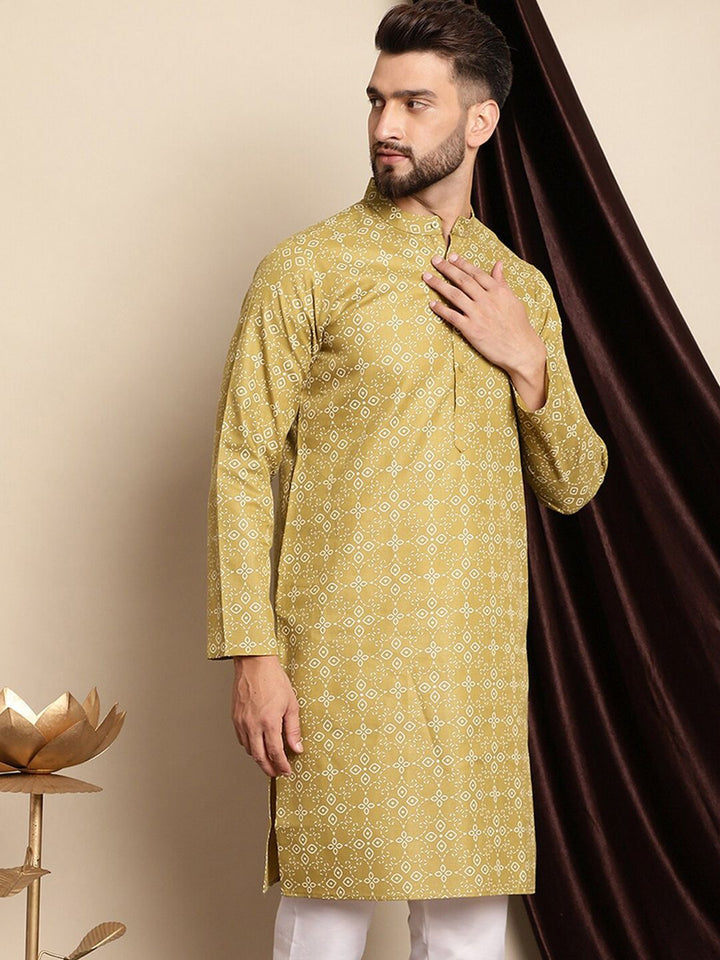 Anouk Ethnic Motifs Printed Band Collar Cotton Linen Regular Kurta