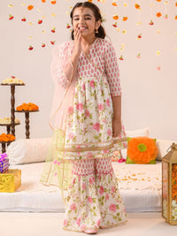 pspeaches Girls Floral Printed Angrakha Pure Cotton A-line Kurta With Sharara & Dupatta