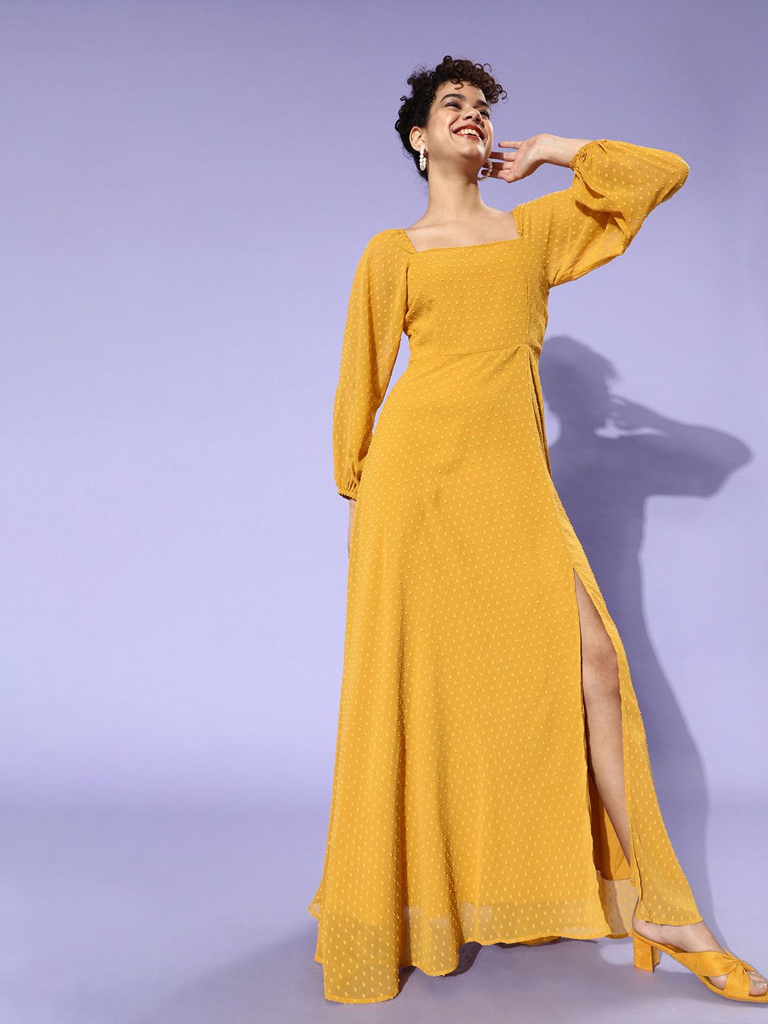 Berrylush Women Stylish Mustard Self-Design Puff Sleeves Dress