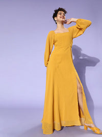 Berrylush Women Stylish Mustard Self-Design Puff Sleeves Dress