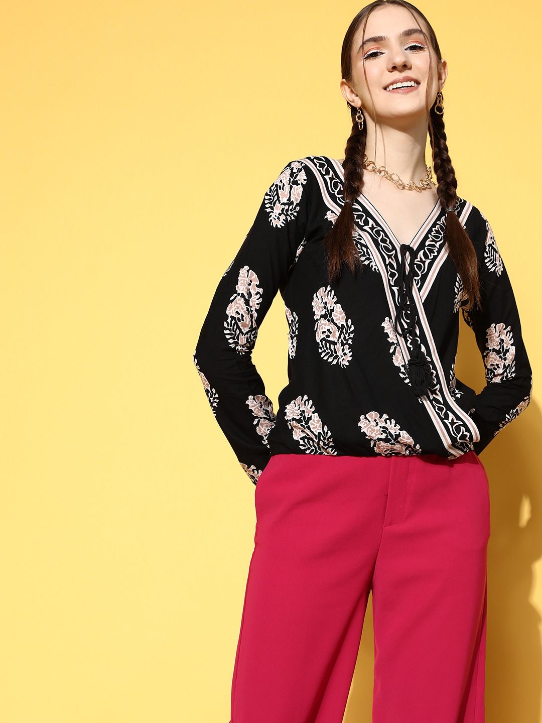 Berrylush Deep Black Floral Fluid Tie-Up Top