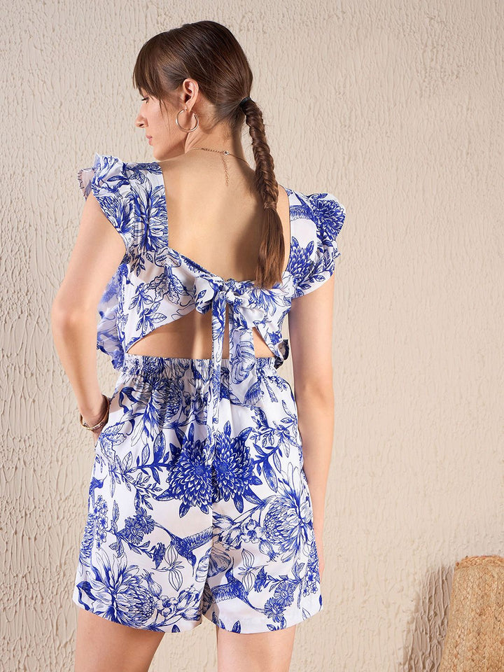 SASSAFRAS Blue Floral Printed Square Neck Playsuit