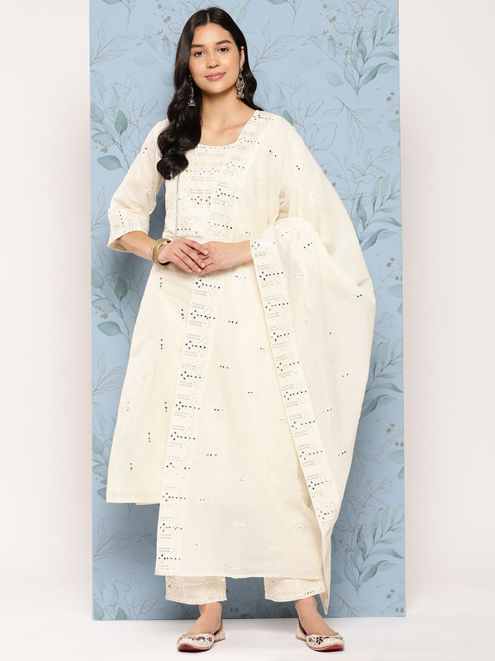 Libas Women Embroidered Mirror Work Pure Cotton Kurta With Palazzos & With Dupatta