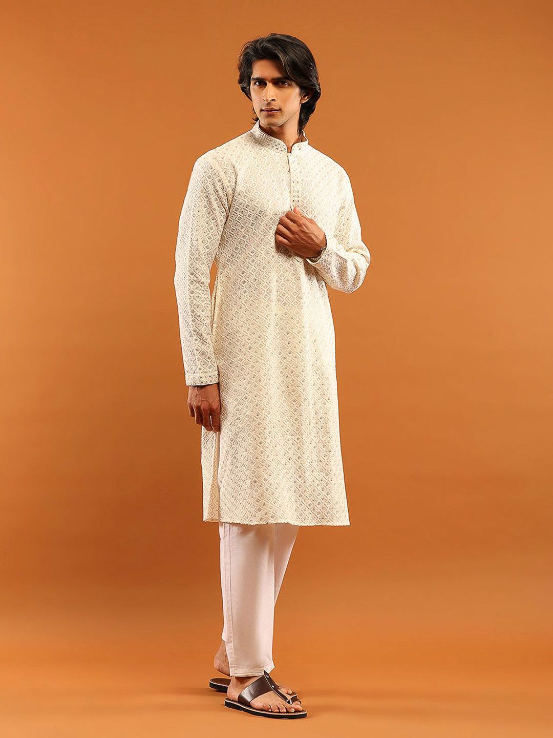 House of Chikankari Men Cream Cotton Embroidered Kurta