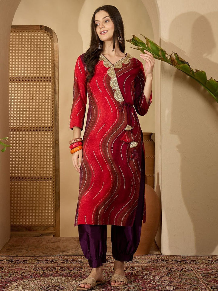 Kalini Wanita Bandhani bersulam v-neck kurta
