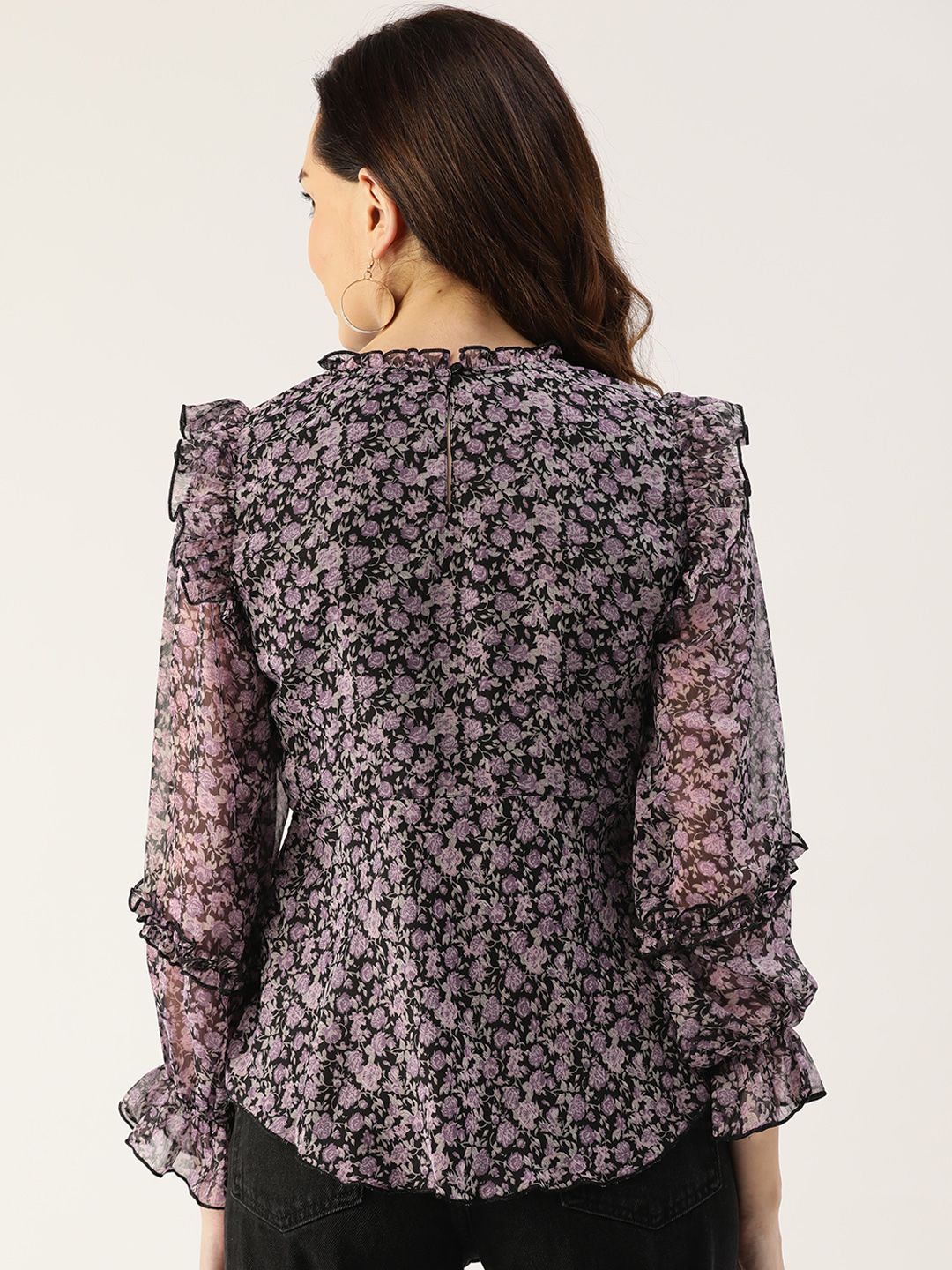 Antheaa Women Black & Lavender Floral Print Bishop Sleeves Peplum Top