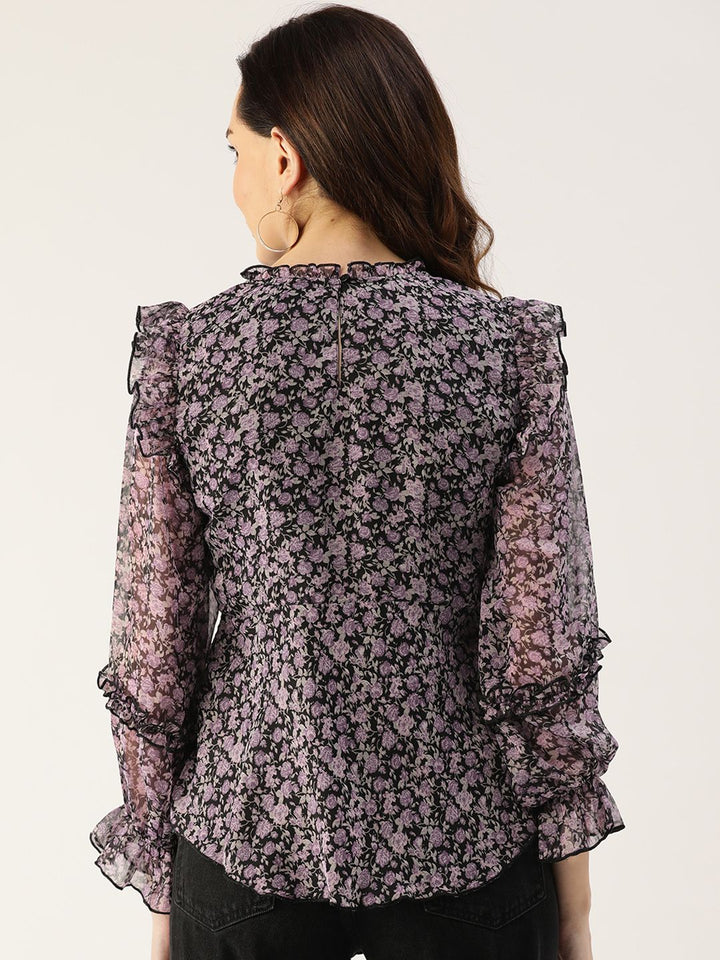 Antheaa Women Black & Lavender Floral Print Bishop Sleeves Peplum Top