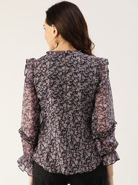 Antheaa Women Black & Lavender Floral Print Bishop Sleeves Peplum Top