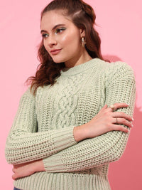 STREET 9 Women Green Acrylic Cable Knit Pullover Sweater