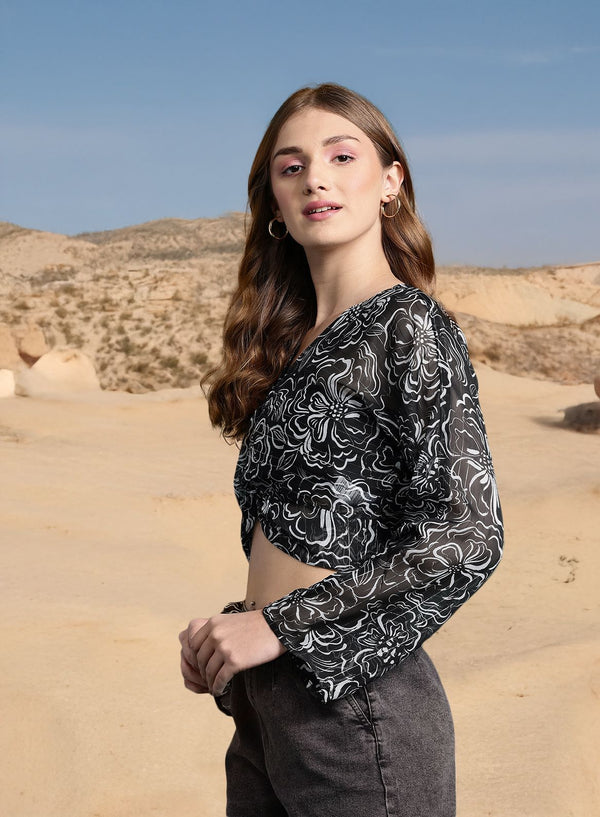 DressBerry Printed Twisted-Detail Smocked Crop Top