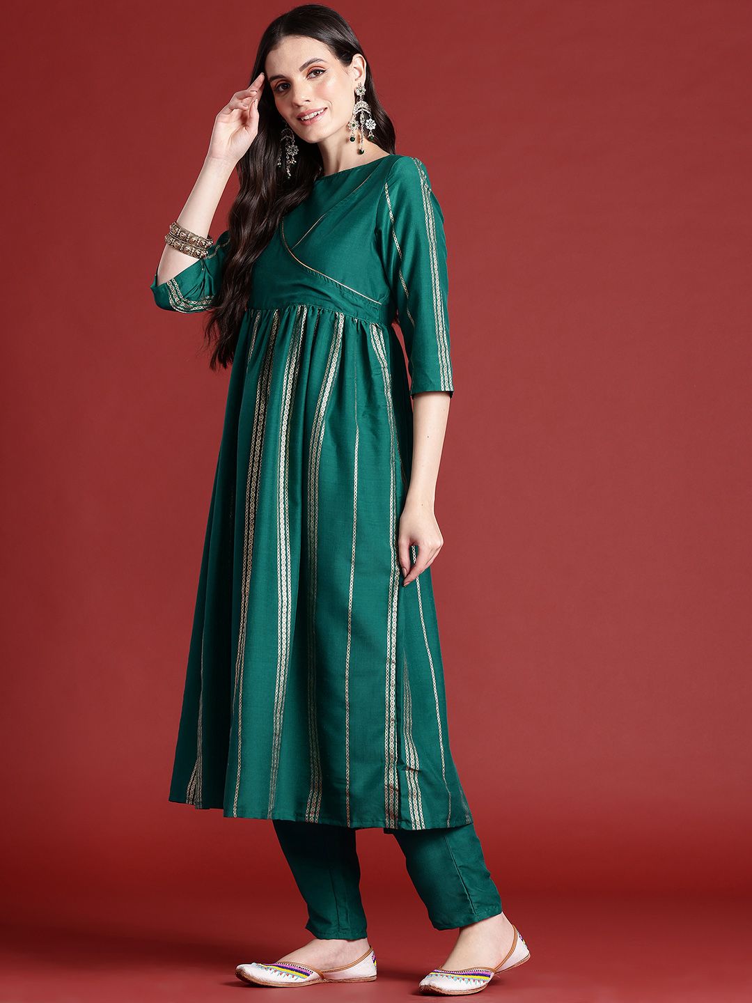 Anouk Striped A-Line Kurta with Trousers & Dupatta