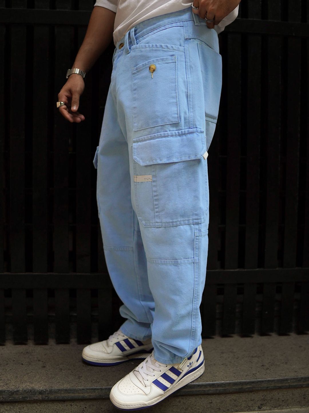 Powerlook Men Clean Look Boyfriend Fit Light Fade Cotton Denim Baggy Fit Cargo Jeans