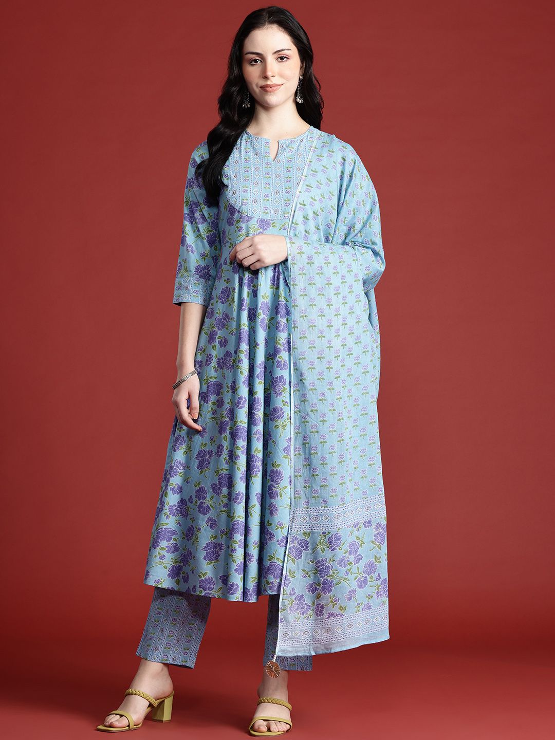 Anouk Floral Print Kurta with Trousers & Dupatta