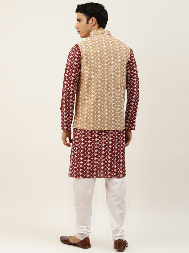 SOJANYA Men Maroon Ethnic Motifs Embroidered Thread Work Kurta with Churidar