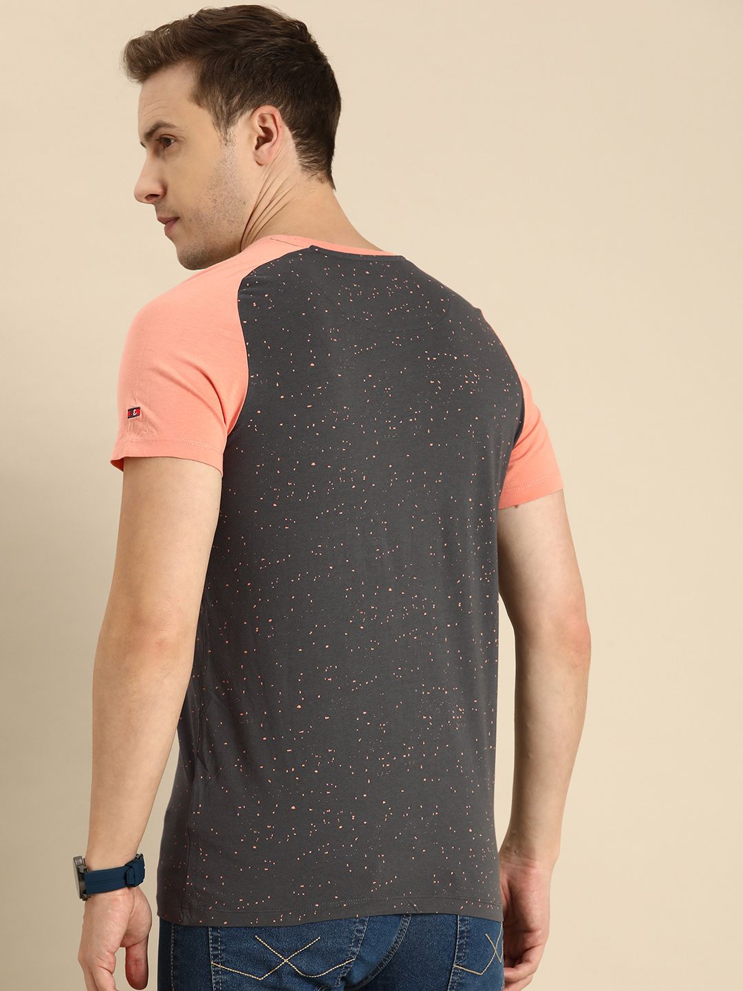 Being Human Men Charcoal & Peach-Coloured Colourblocked Pure Cotton T-shirt
