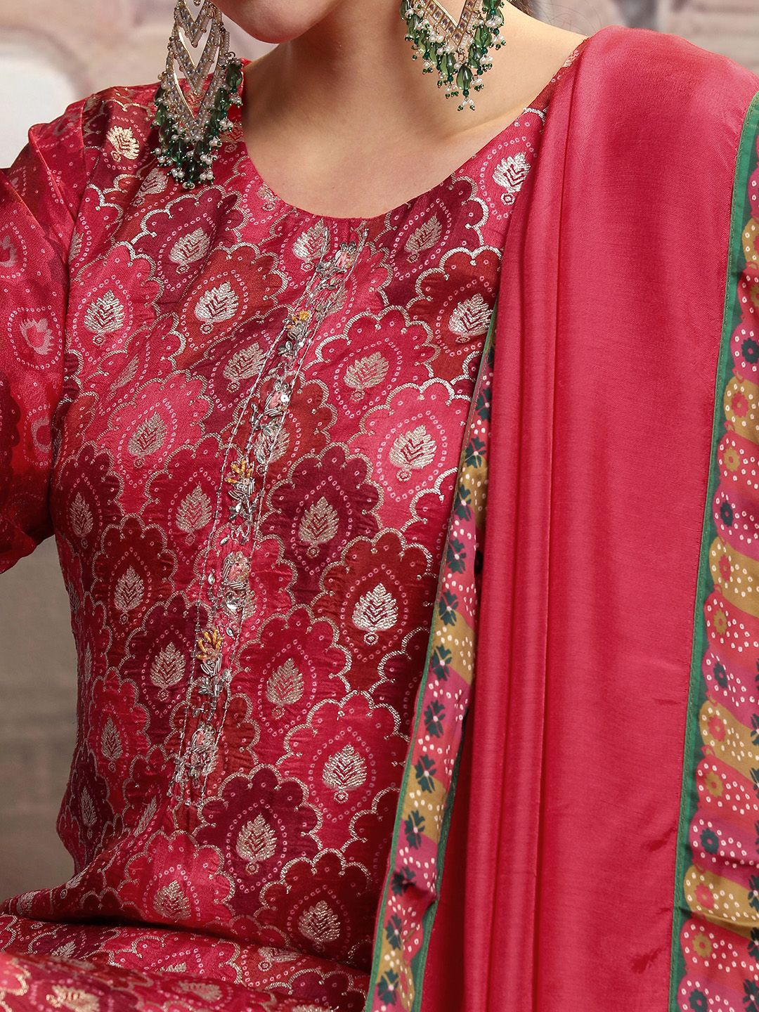 Vishudh Red Ethnic Motifs Printed Straight Kurta With Trousers & Dupatta