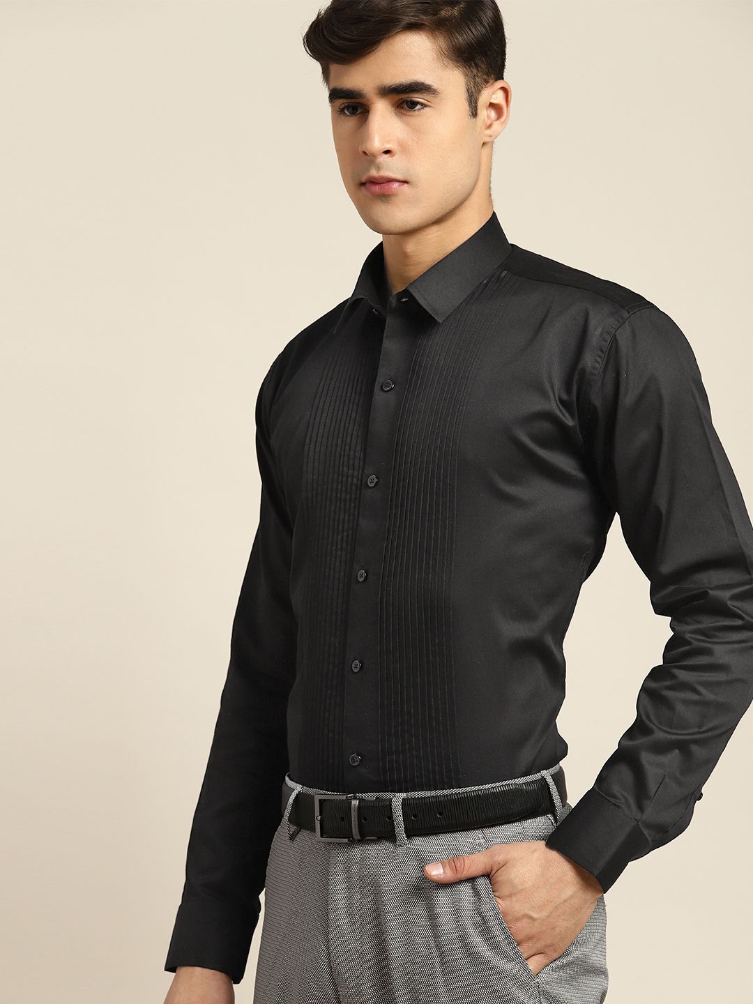 Hancock Men Tuxedo Pin Tucked Satin Pure Cotton Slim Fit Formal Shirt