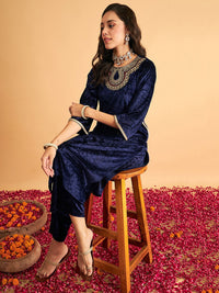 Shae by SASSAFRAS Navy Blue Thread Work Velvet Straight Kurta