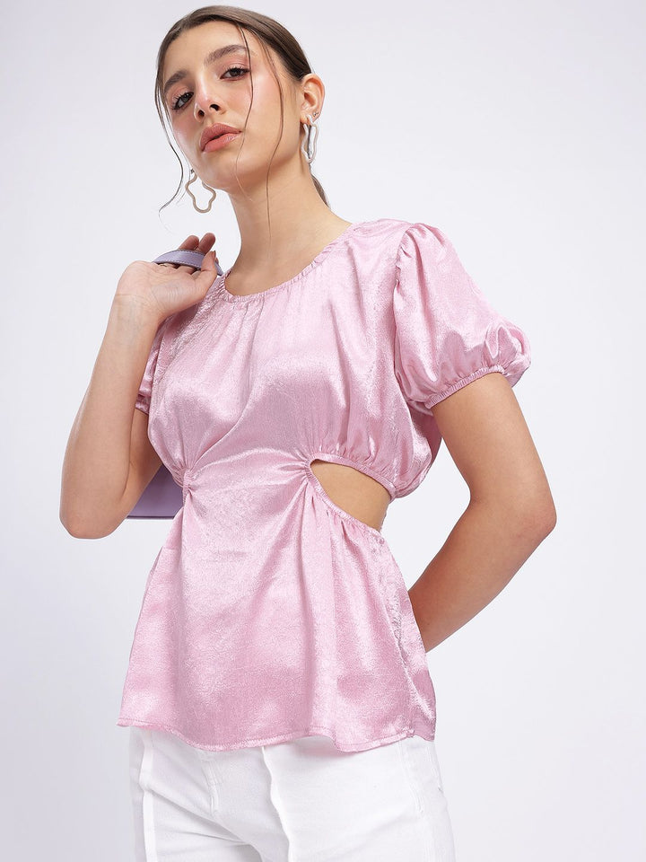 DressBerry Satin Sophistication Cut-Out Detail Puff Sleeves Top