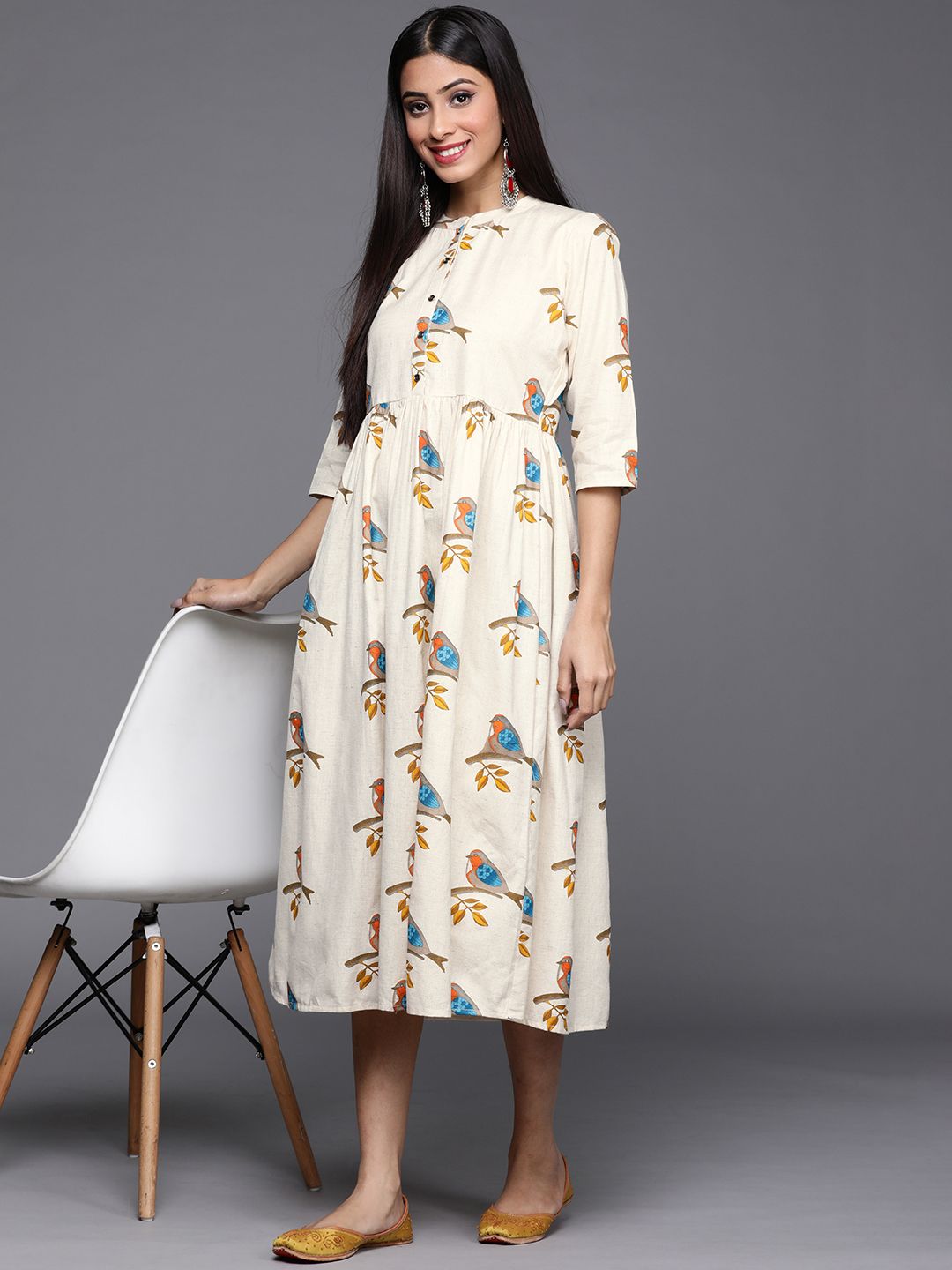 Libas Off White & Blue Bird Print Cotton Midi Fit and Flare Dress