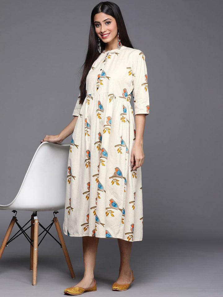 Libas Off White & Blue Bird Print Cotton Midi Fit and Flare Dress