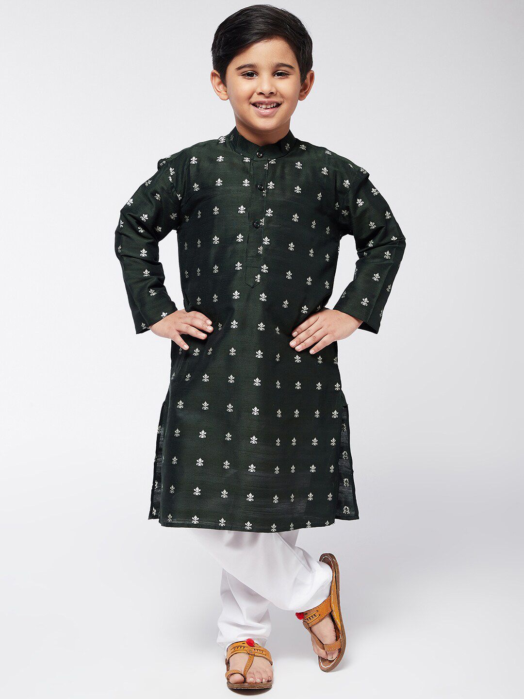 SOJANYA Boys Green & White Ethnic Motifs Printed Straight Kurta
