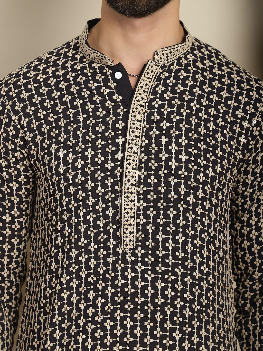 Anouk Geometric Printed Mandarin Collar Long Sleeves Cotton Sequinned Kurta