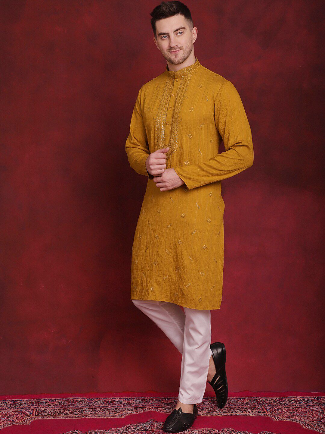 Jompers Yellow Embroidered Regular Sequinned Straight Kurta With Pyjamas